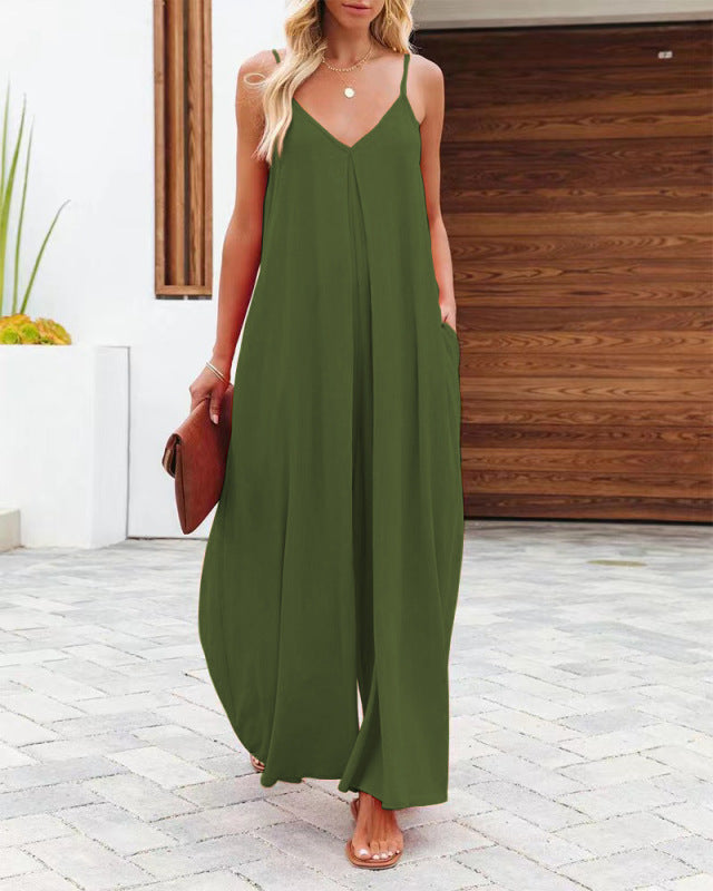 New cross-border solid color side pocket casual jumpsuit