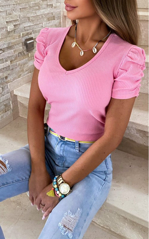 Elastic pit strip thread pullover puff sleeve V-neck short-sleeved T-shirt for women