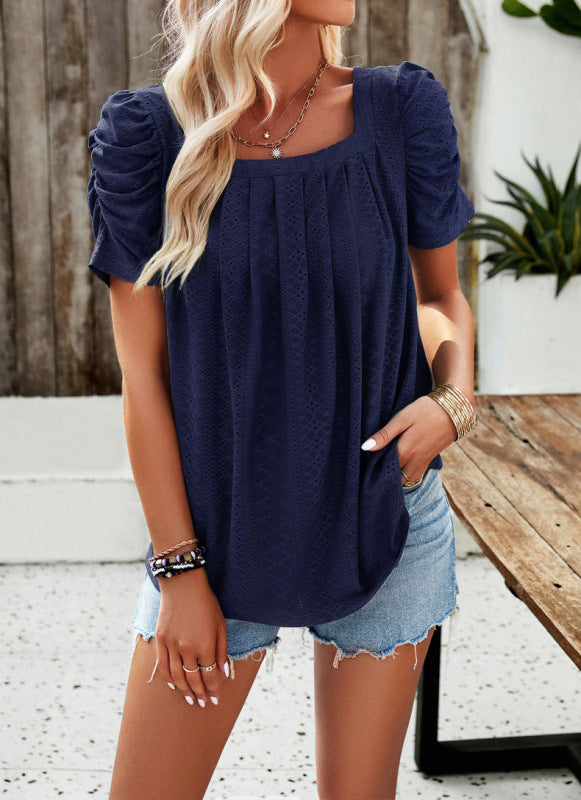 Casual solid color square neck puff sleeve shirt top