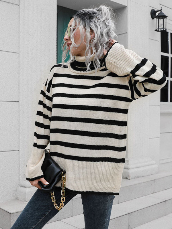 Women's Striped Side Slit Turtleneck Mid Length Sweater