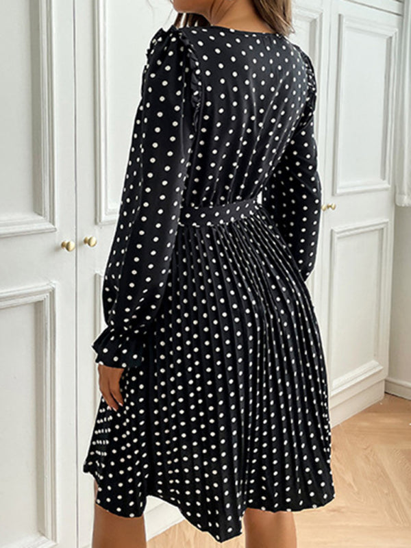Women’s Aline Long Sleeve Pleated Mini Cocktail Dress With Neckline Keyhole