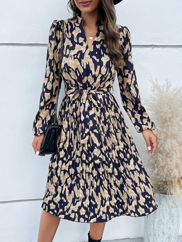 Women's Stand Collar Surplice V-neck Printed Waist Tie Midi Dress