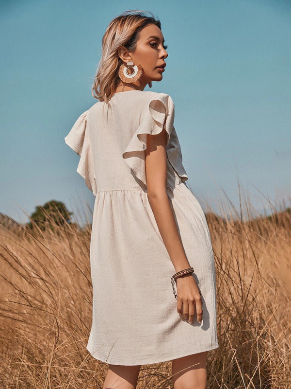 Women's woven v-neck button-up large swing A-shaped small flying sleeve dress