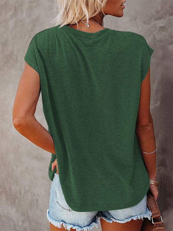 Women's Tops Solid Color Pocket Off Shoulder Round Neck Short Sleeve Women's T-Shirt