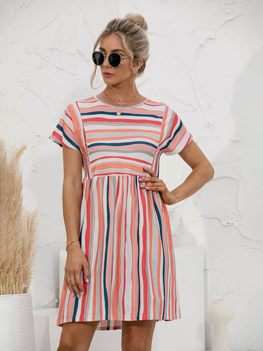 Women's color striped short sleeve loose dress