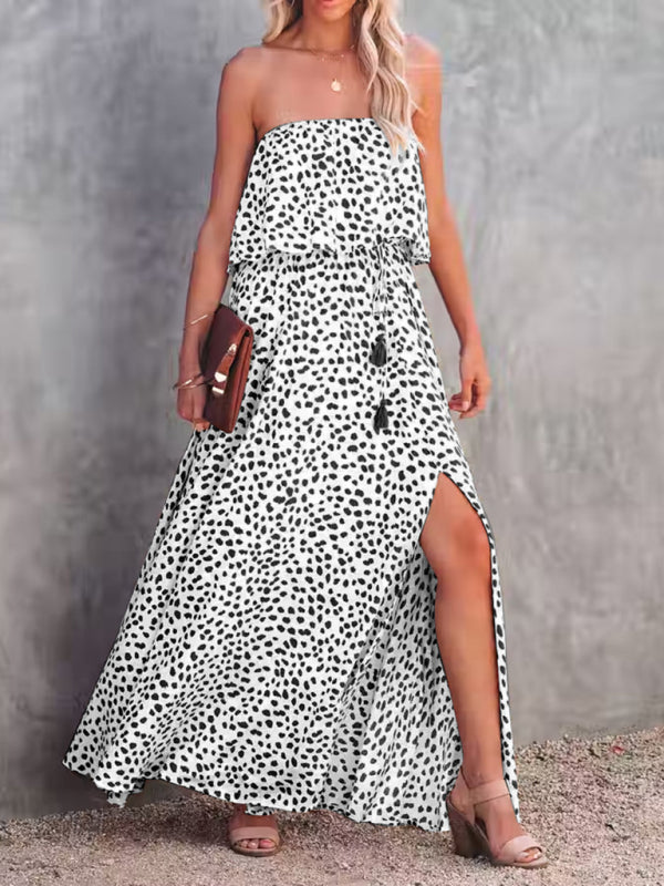 Women's Dot Print Strapless Linen And Silk Slit Maxi Dress