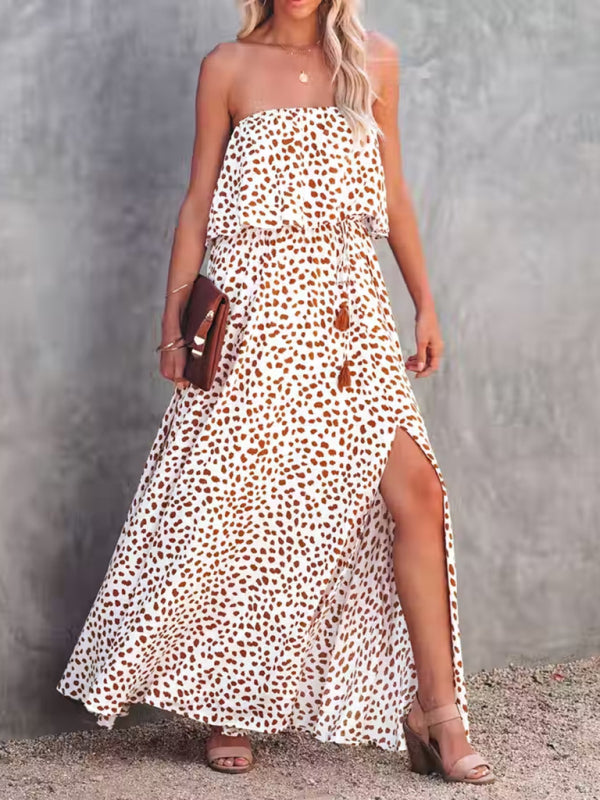 Women's Dot Print Strapless Linen And Silk Slit Maxi Dress