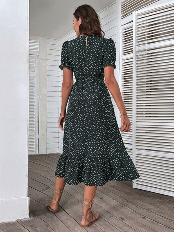 New women's casual holiday polka dot v-neck mid-length dress