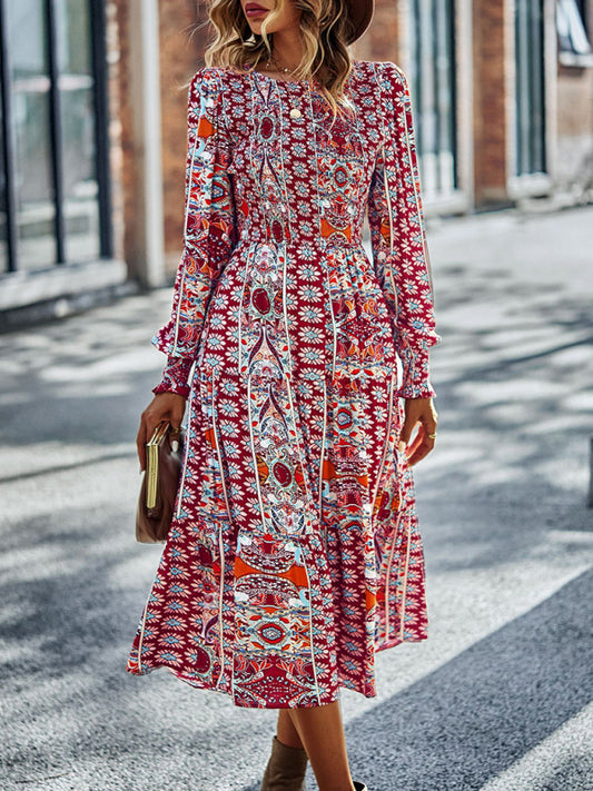 Women's Bohemian Round Neck Dress Spring and Autumn Seasons New Arrival Swing Skirt - 3 colours available!