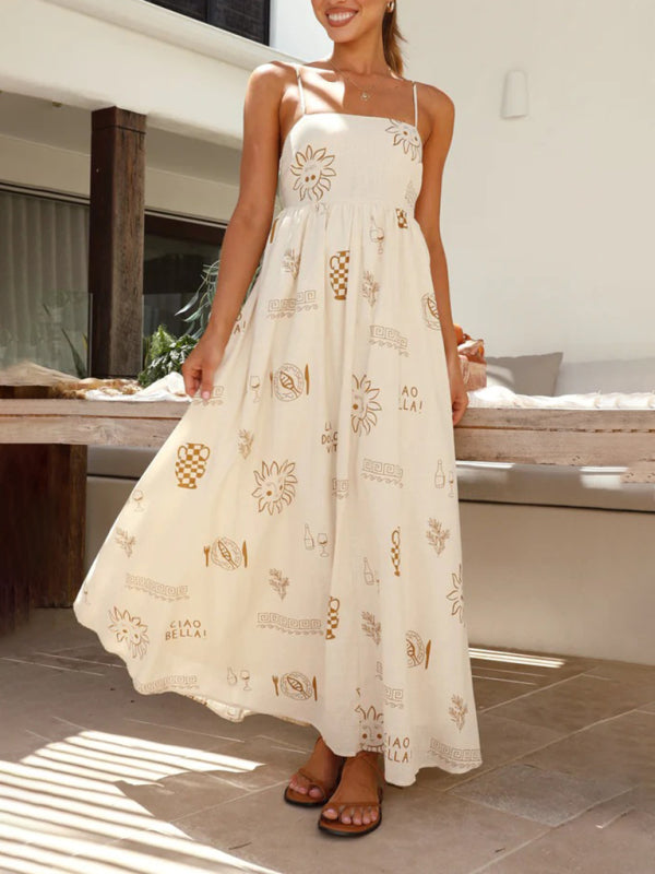 Women's fashion printed personalized back hollow suspender dress - 3 colours available