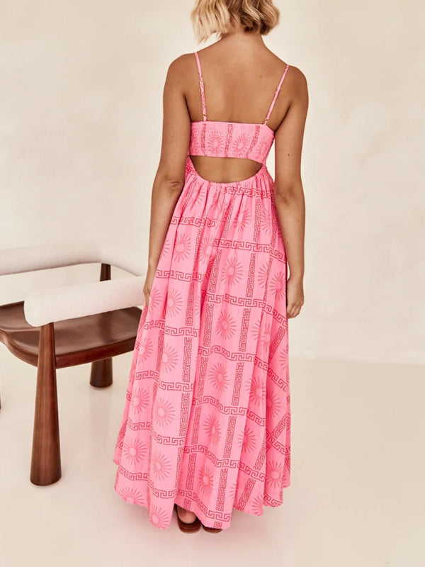 Women's fashion printed personalized back hollow suspender dress - 3 colours available