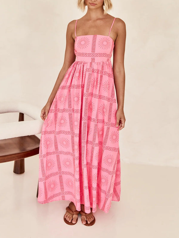 Women's fashion printed personalized back hollow suspender dress - 3 colours available