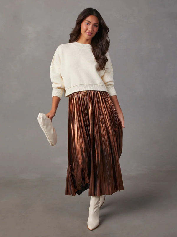 New shiny pleated high-waisted A-line mid-length skirt - 2 colours