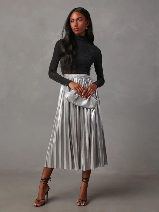 New shiny pleated high-waisted A-line mid-length skirt - 2 colours available
