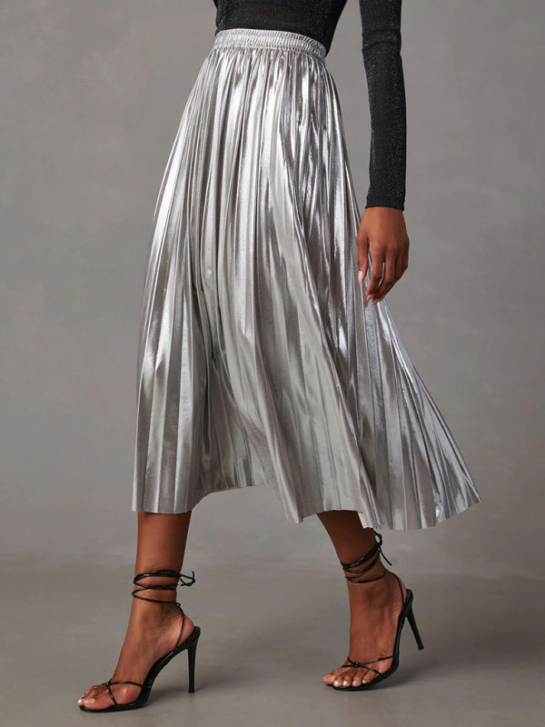 New shiny pleated high-waisted A-line mid-length skirt - 2 colours
