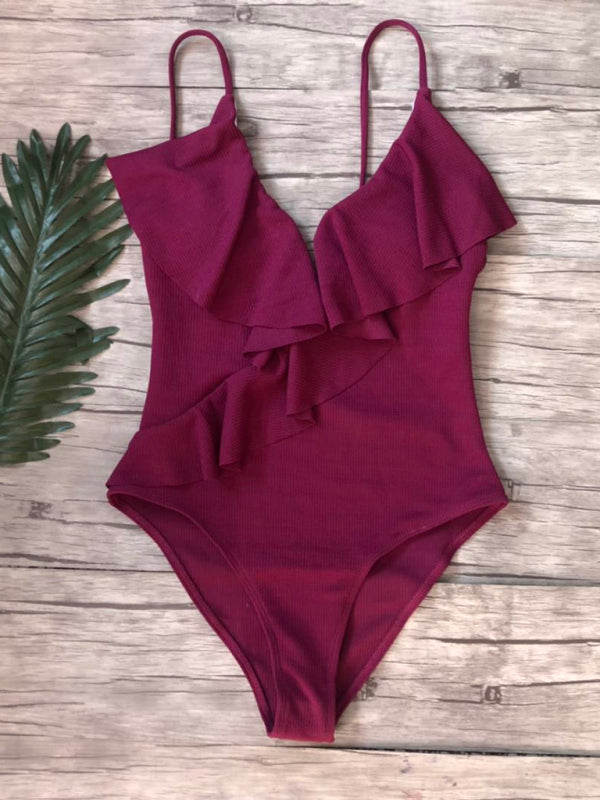 New bikini solid color one-piece ruffled sexy shoulder swimsuit