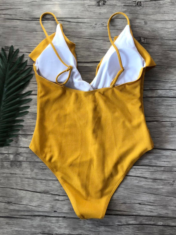 New bikini solid color one-piece ruffled sexy shoulder swimsuit