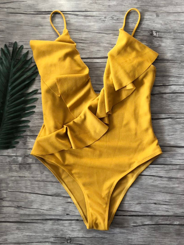 New bikini solid color one-piece ruffled sexy shoulder swimsuit