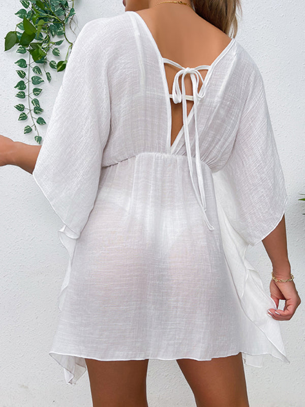 Drop shoulder loose beach cover-up solid color sun protection shirt waist tie bikini cover-up