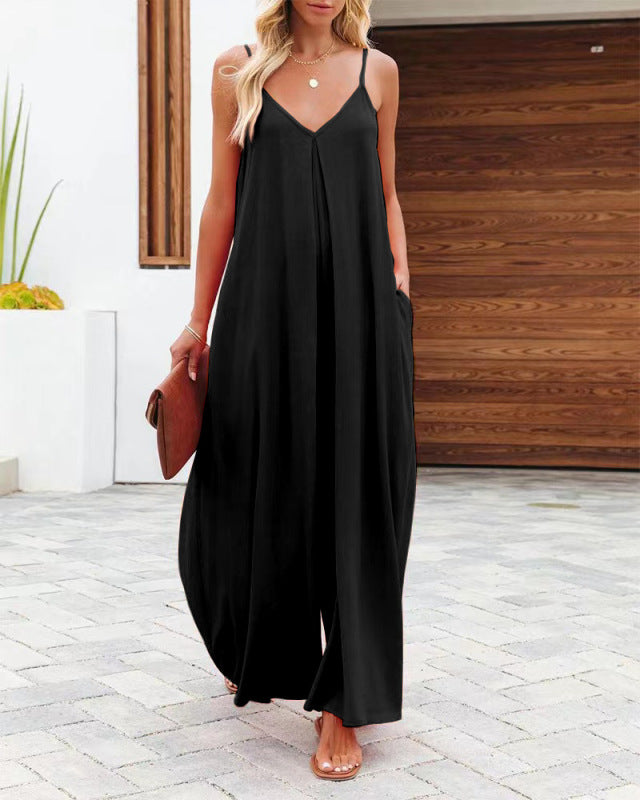 New cross-border solid color side pocket casual jumpsuit