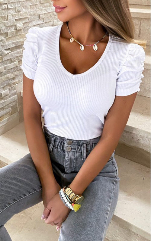 Elastic pit strip thread pullover puff sleeve V-neck short-sleeved T-shirt for women